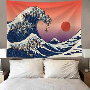 Zonsonderganggolven Japanse tapijtwand hangen Boho decor Sun Mountain Nature Landschap Hippie Dog Dorm Mandala Wall Tapijt Deken J220804