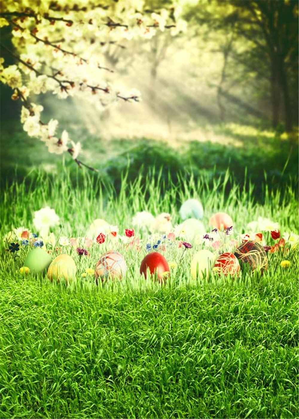 Soleil à travers la forêt Bokeh photographie décors printemps imprimé poire fleurs herbe verte oeufs de pâques bébé nouveau-né Photo Shoot fond