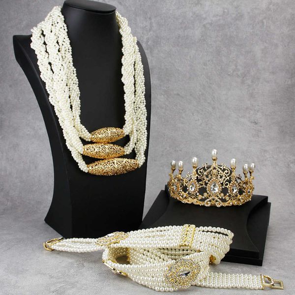 Sunspicems 2020 maroc algérien ensembles de bijoux de mariée perle collier de perles ceinture couronne pour les femmes ethnique Caftan robe de mariée cadeaux H1022