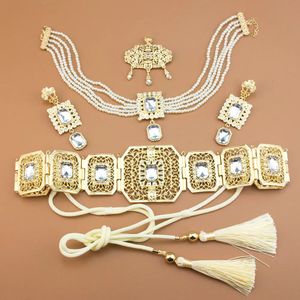 Sunspicems couleur or marocain bijoux de mariée ensembles cristal arabe Caftan corde ceinture perle chaîne collier ras du cou longue boucle d'oreille broche 240315
