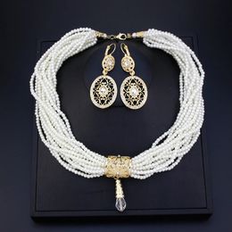 Sunspicems Marokko Crystal Bead ketting Meerlagige Pearl Choker Earring Goud kleur Arabische bruid bruiloft sieraden sets 240511