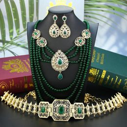 Sunspicems Square Crystal Morocco Belt for Women Bead Chain Chain Collier Drop Brocs Elegent Algeria Bride Bijoux Set Caftan 240511