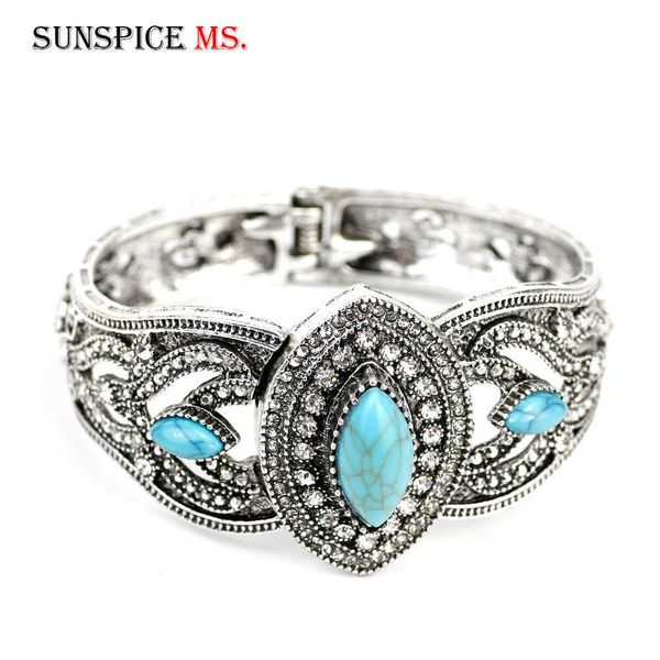 Sunspicems Vintage Bracelet de manchette en pierre naturelle femme bracelet turc ethnique bijoux de mariage Antique couleur argent Q0719