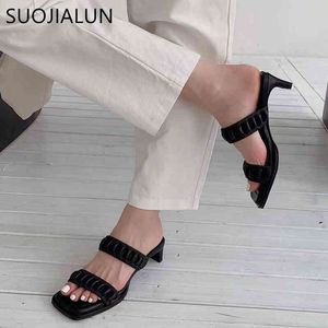 SUOJIALUN 2021 marque femmes pantoufle mode plissé diapositives carré haut talon dames sandale chaussures bout ouvert femme décontracté tongs K78