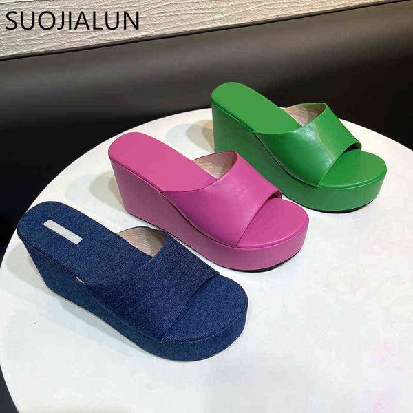 SUOJIALUN 2022, moda de verano, zapatillas verdes para mujer, sandalias de plataforma con cuña alta, zapatos de mujer con punta abierta, toboganes de playa para exteriores 220627