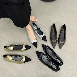 SUOJIALUN 2024 printemps femmes chaussures plates mode mélange couleur dames chaussures de ballet élégantes bout pointu nœud papillon robe ballerines S 240115