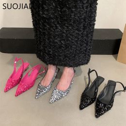 Suojialun bling vrouwen sandaal mode puntige teen ondiepe slip op dames elegante slingback schoenen med hielpompen schoenen 240415