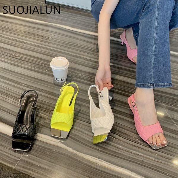 SUOJIALUN Sandalias de diseño de la marca Slip Slipper Women Weave Handmaded Toe Slip on Slides Talls delgados Sandalia Sandalia 1841