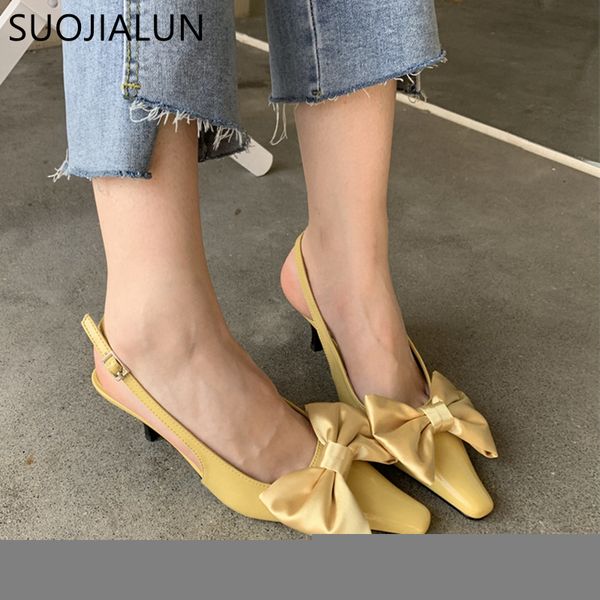 SUOJIALUN Spring Marque Femmes Sandales Sandale Mode Big Bow-Knot Slip peu profond sur les femmes Slingback Chaussures minces Pompes à talon haut