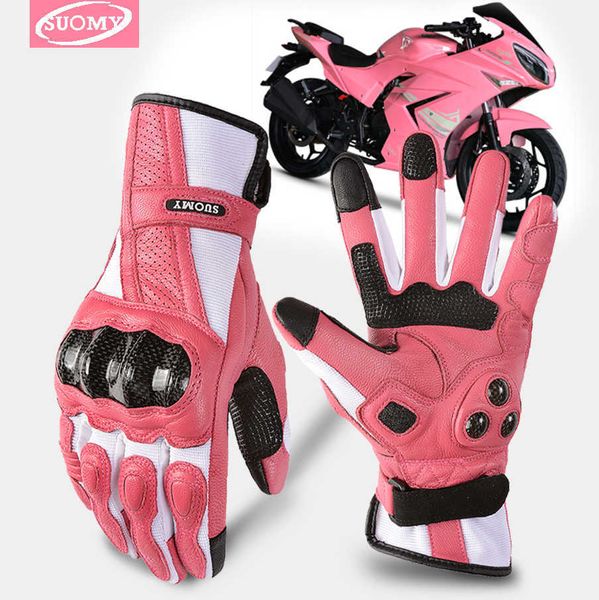 SUOMY Guantes de motocicleta de cuero genuino Protección de carbono transpirable Hombres Mujeres Motores Guante de carreras Guantes de moto de carretera Rosa H1022