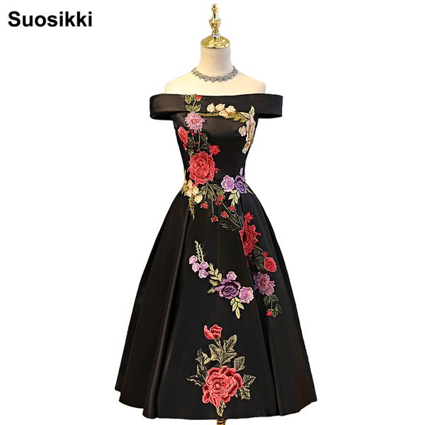 Suosikki Boat Neck Tea-length vestido de noche 2020 nuevos apliques mancha formal vestidos de baile Bestido de festa Abiye vestido de noche negro LJ201120