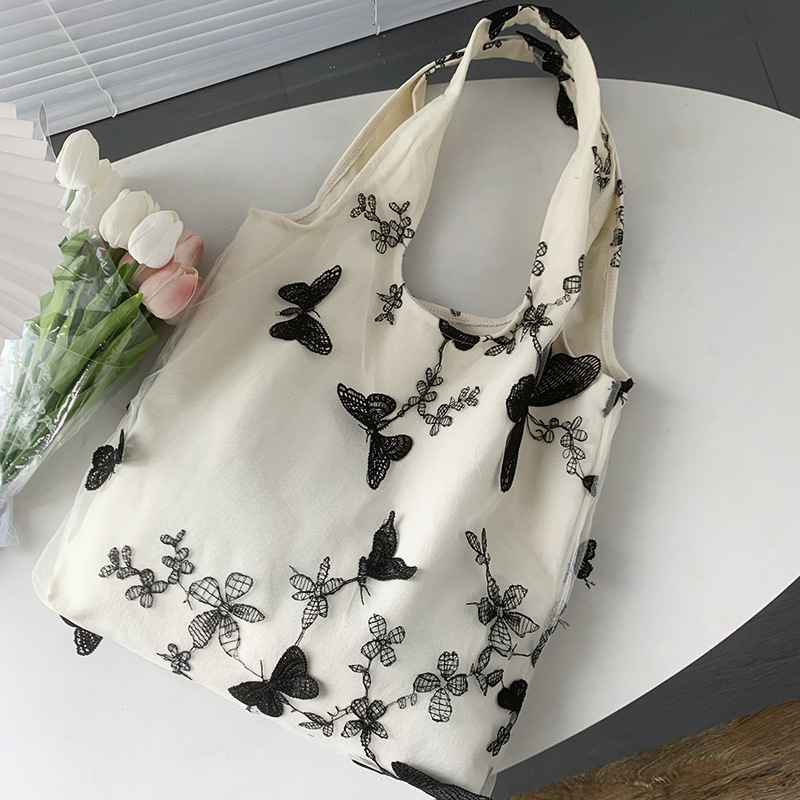Super beautiful embroidery black butterfly canvas bag Lace fairy leisure travel women's bag Art large capacity all-match shoulder bag tote bag designer bag