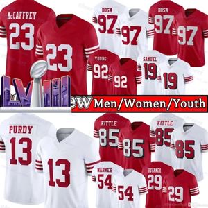 Super Bowls voetbalshirt 13 Brock Purdy 23 Christian McCaffrey 25 Elijah Mitchell 24 Mason 1 Deebo Samuel 32 Tyrion Davis-Price 11 Brandon Aiyuk Heren Kinderen Dames