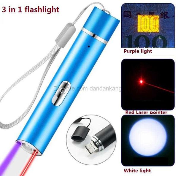 Ligera súper brillante Torcha LED LED LIGHT USB Recargable 3 en 1 Linterias UV Purple Light Blacklight Torches Pointer láser Lámpara de emergencia al aire libre