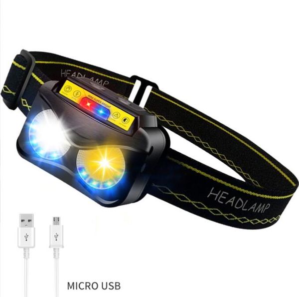 Linterna frontal súper brillante Sensor infrarrojo inteligente mini faro 6 modos luces rojas azules amarillas Faro recargable Ciclismo Camping Correr Lámpara frontal Luces