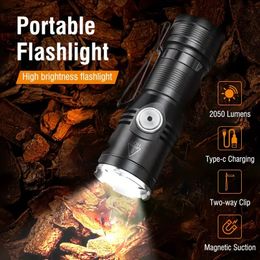 Lampe de poche EDC LED très brillante, torche Rechargeable de type c 2050lm, lanterne de Camping d'urgence étanche IP67 à aimant arrière