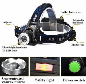 Lampe frontale Super Bright T6 lampe frontale 3 modes lampe frontale LED zoomable avec batterie lampe frontale rechargeable lampe de poche pour la chasse Camping