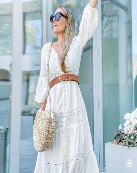 Súper CHic BOTÓN ABAJO CROCHET BORDADO BOHO MAXI VESTIDO Manga larga Primavera Otoño Para Mujer Algodón Casual Dresses8639094