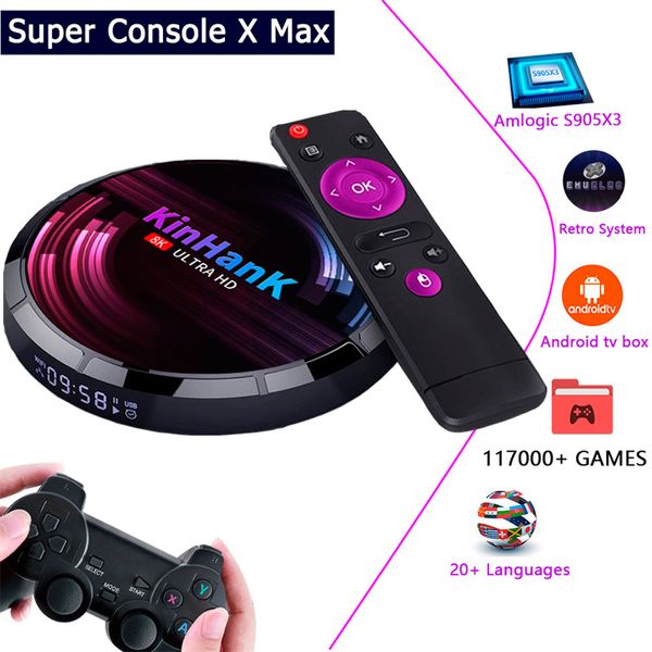 Super Console X Max Consola de videojuegos retro Soporte CoreELEC Sistema audiovisual 60+Emuladores 60000+Juegos para PSP/PS1/DC/N64 4K Salida HD Smart TV Box