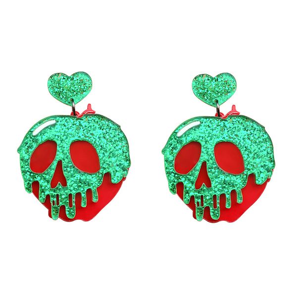 Pendientes colgantes de acrílico Super Cool Skull Head Red Green Bad Apple para mujer, pendientes de gota Punk con polvo brillante exagerado, regalo de Halloween