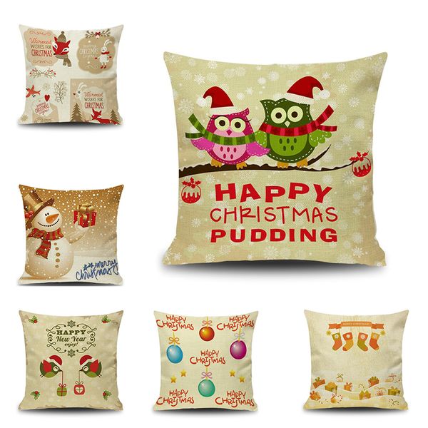 Super mignon joyeux Noël taie d'oreiller 18 pouces forme carrée Liene coton mélangé Coshion couverture maison bar fête décorateur taies de traversin couleur beige taie d'oreiller