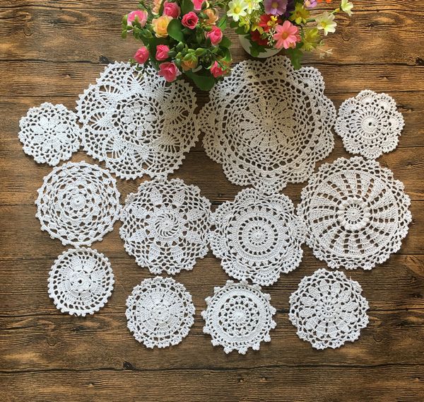 Super Design 12pcs 100% coton fait à la main napperons au crochet tasse tapis sous-verre 12 motifs au crochet vintage 9-25cm blanc beige HD137 Y200328