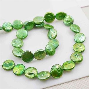 Super Design Sense of Handgemaakte Sieraden Groene Kleur 11-12mm Munt Zoetwaterparel Losse Kralen DIY Mode-sieraden voor Vrouwen Gift