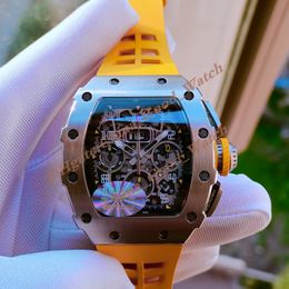 Super Factory Mens Watches Carbon Fiber Case RM 11-03RG 003 Handmatige mechanische beweging Transparante rug gele strap Men Watch polshorloges