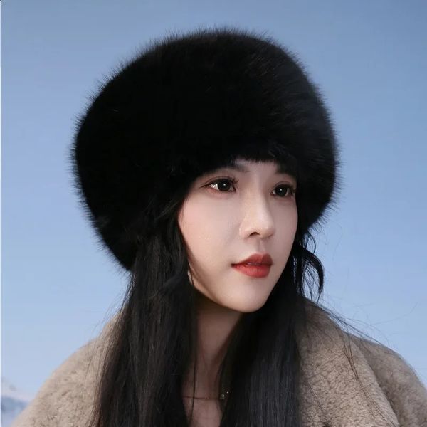 Súper moda invierno sombrero de nieve piel sintética gruesa mujer gorro mullido esquí ruso a prueba de viento fiesta de lujo negro cálido 240227