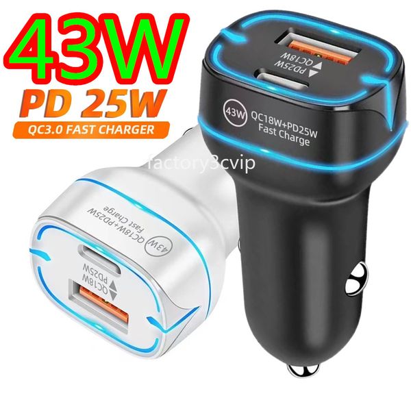 Carga rápida súper rápida 43W USB C PD Cargador de coche F1 LED Puertos duales PD25W Adaptadores de corriente automáticos para Ipad 2 3 4 Iphone 13 14 15 Plus Samsung Teléfono Android Gps PC con caja