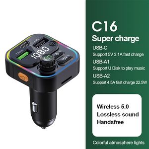 Lecteur MP3 multifonctionnel chargeur de voiture super rapide et rapide avec prise en charge Bluetooth carte TF et disque U C16