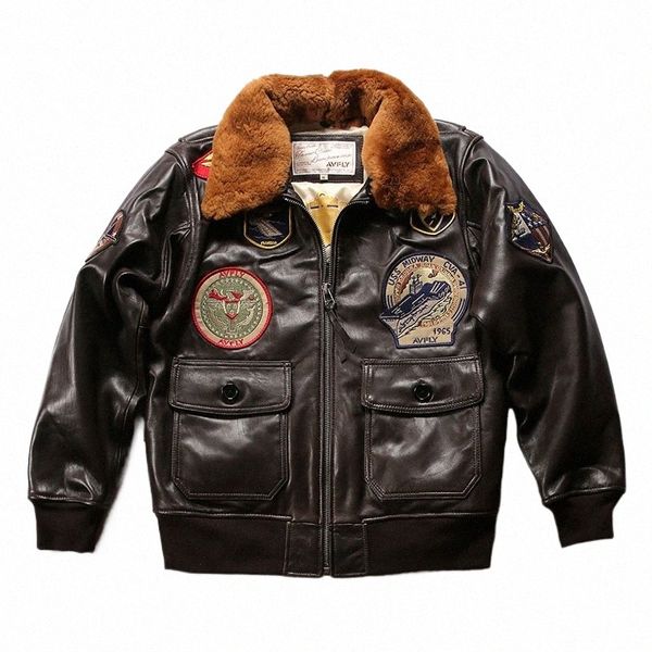 Super Fast Ship, Hommes Air Force Flight G1 Pilot Veste Top Qualité Véritable Cuir De Vache Chaud Col De Fourrure Manteau Détachable J4DQ #