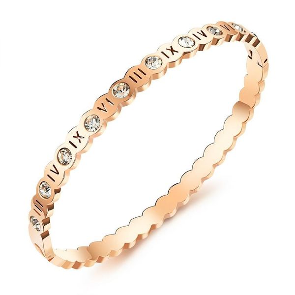 Bracelet jonc diamant chiffres romains super scintillant de créateur de luxe pour femme filles 16 cm acier titane or rose