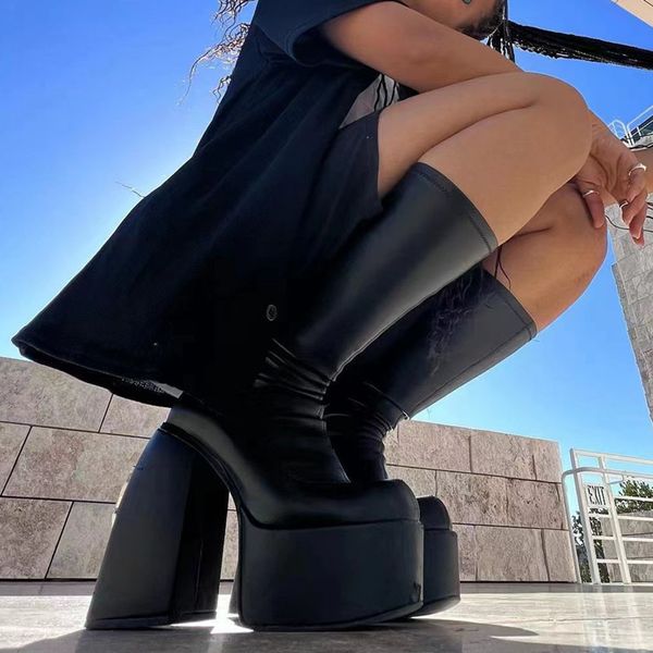 Botas hasta la rodilla de tacón súper alto para mujer, zapatos de plataforma, zapato elástico de suela gruesa, bota larga de pasarela de tacón grueso Sexy para mujer