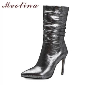 Super haut talon mi-mollet bottes femmes plissé stiletto bout pointu femme chaussures automne hiver Sier 210517 GAI