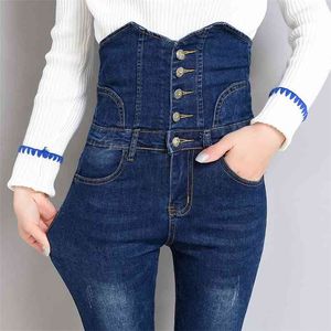 Super hoge taille slanke jeans voor vrouwen vintage dames plus size vier-breasted skinny vrouwelijke elastische denim broek 210514
