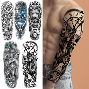 Super grande boussole loup tête oeil temporaire tatouage manches pour hommes femmes faux Lion dieu plume Tatoo bricolage bras complet tatouage autocollant