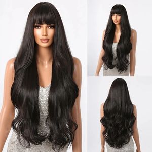 Perruques synthétiques noires super longues pour femmes perruques de cheveux ondulés naturels avec frange des perruques féminines cosplays de fibres résistantes à la chaleur 240416