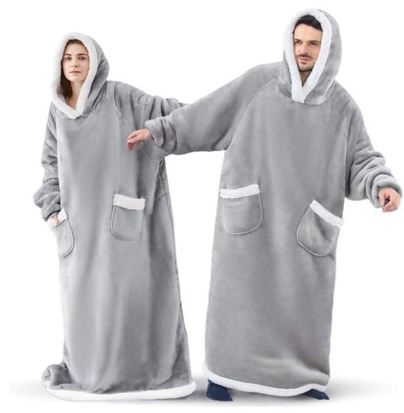 Couverture en flanelle super longue avec manches, vêtements de nuit à capuche, sweat-shirt d'hiver pour femmes et hommes, pull en polaire, couvertures de télévision géantes, robes surdimensionnées