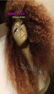 Super natürliche synthetische zweifarbige schwarze Ombre-Braun-Haar-Afroamerikaner-Perücke, hitzebeständige, verworrene, lockige Lace-Front-Perücken für W5086459