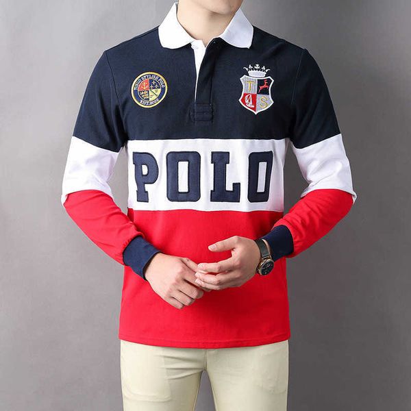 Super nouveau produit de haute qualité British Royal Casual Sports Broderie Col Polo Shirt Hommes Manches Longues Couleur Contraste