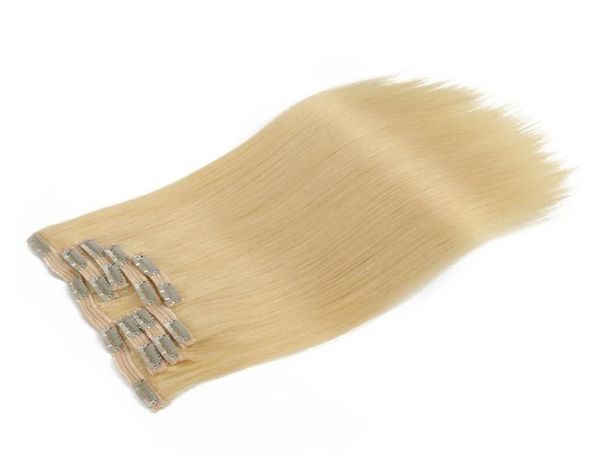 Clip de qualité supérieure dans les extensions de cheveux humains cheveux vierges brésiliens 7pcs / ensemble 100g vague droite couleur blonde clips de cheveux2082470