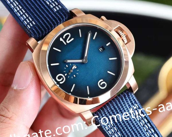 Super Quality Men Watch Rose Gold 44mm Blue Dial Correa de lona para hombre Parte posterior transparente Asia Relojes mecánicos automáticos Relojes de pulsera de zafiro