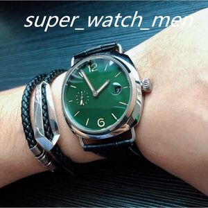 Super Quality Mens Watch Pam Manual Green Dial Leather Riem transparant Back Asia Automatische mechanische horloges Sapphire polshorloges