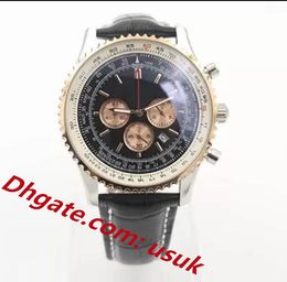 Super kwaliteit heren horloges quartz horloge chronograaf functie stopwatch zwarte wijzerplaat gouden gecanneleerde kast leren riem zilver skelet 1884 navitimer horloge originele doos