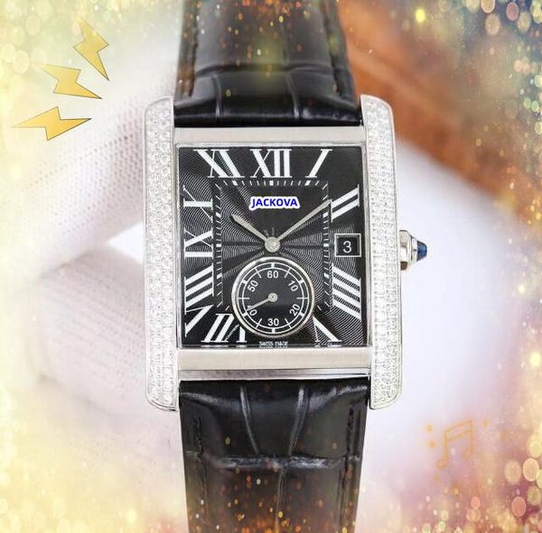 Relojes de super qualité Iced Out Men One Eye Working Watch Square Two Line Diamonds Ring Quartz Mens Calendrier Calendrier Roman Tank Series Cow Leather Strap Watchs Cadeaux