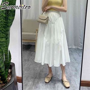 Super kwaliteit lente zomer lange rok vrouwen Koreaanse stijl elegante witte esthetische hoge taille midi vrouwelijke ol 210421