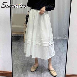 Super qualité printemps été jupes longues femmes style coréen élégant blanc esthétique taille haute jupe midi femme 210421