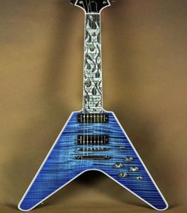 Super Rare Lance-flammes Flying V Ultima Indigo Blue Flame Maple Top Guitare électrique Blanc Pearloid Abalone Flame Inlay 2 Humbuc6417961