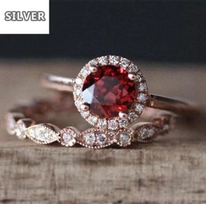 Super Ruby Rose Gold Luxe ring Set Red Stone Ringen voor Vrouwen Bruiloft Crystal Bague Femme Anillos Mujer zilver 925 sieraden65658117429944